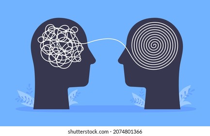 Psychologist consulting or mental problem solving brainstorm concept. Human heads with tangled chaos disorder turns into order line, finding solution. Coach, mentoring psychotherapy. Complex to simple