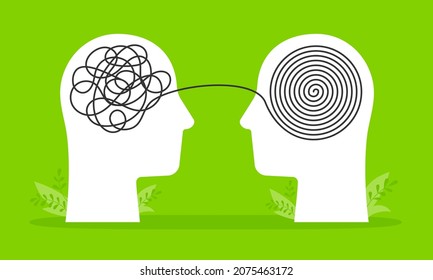 Psychologist consulting or mental problem solving brainstorm concept. Human heads with tangled chaos disorder turns into order line, finding solution. Coach, mentoring psychotherapy. Complex to simple