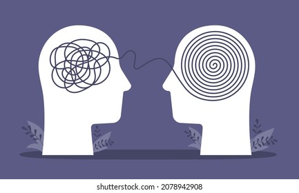 Psychologist consulting or mental problem solving brainstorm concept. Human heads with tangled chaos disorder turns into order line, finding solution. Coach, mentoring psychotherapy. Complex to simple