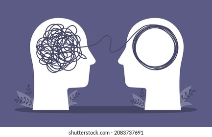 Psychologist consulting or mental problem solving brainstorm concept. Human heads with tangled chaos disorder turns into order line, finding solution. Coach, mentoring psychotherapy. Complex to simple