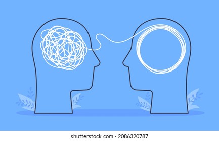 Psychologist consulting or mental problem solving brainstorm concept. Human heads with tangled chaos disorder turns into order line, finding solution. Coach, mentoring psychotherapy. Complex to simple