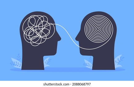 Psychologist consulting or mental problem solving brainstorm concept. Human heads with tangled chaos disorder turns into order line, finding solution. Coach, mentoring psychotherapy. Complex to simple