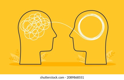 Psychologist consulting or mental problem solving brainstorm concept. Human heads with tangled chaos disorder turns into order line, finding solution. Coach, mentoring psychotherapy. Complex to simple