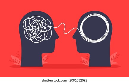 Psychologist consulting or mental problem solving brainstorm concept. Human heads with tangled chaos disorder turns into order line, finding solution. Coach, mentoring psychotherapy. Complex to simple