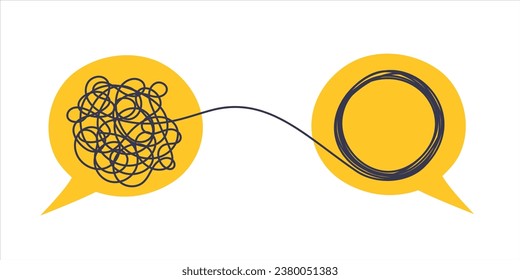 Psychologist consulting or mental problem solving brainstorm concept. Two speech bubbles conversation icons with line scribbles. Coach, mentoring psychotherapy. Complex to simple mind concept.