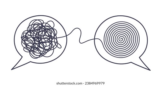 Consultoría psicológica o concepto de solución de problemas mentales. Dos burbujas de voz conversan iconos con garabatos de línea. Entrenador, mentores de psicoterapia. Complejo al concepto de mente simple.