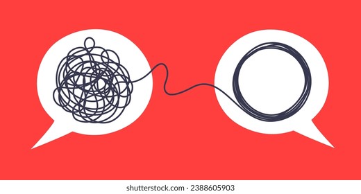 Psychologist consulting or mental problem solving brainstorm concept. Two speech bubbles conversation icons with line scribbles. Coach, mentoring psychotherapy. Complex to simple mind concept.