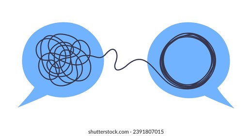 Psychologist consulting or mental problem solving brainstorm concept. Two speech bubbles conversation icons with line scribbles. Coach, mentoring psychotherapy. Complex to simple mind concept.