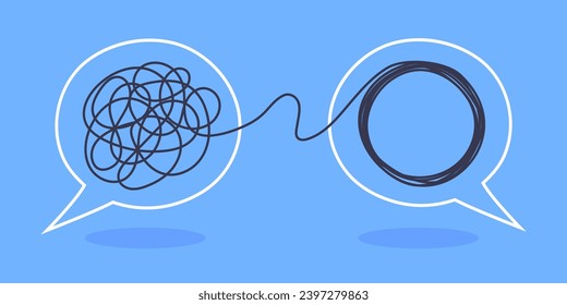 Psychologist consulting or mental problem solving brainstorm concept. Two speech bubbles conversation icons with line scribbles. Coach, mentoring psychotherapy. Complex to simple mind concept.