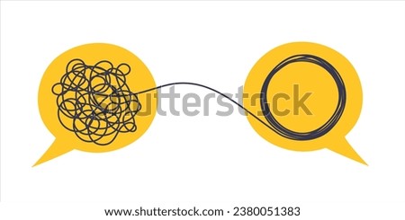 Psychologist consulting or mental problem solving brainstorm concept. Two speech bubbles conversation icons with line scribbles. Coach, mentoring psychotherapy. Complex to simple mind concept.