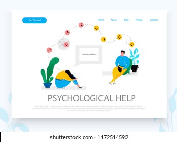 Psychologist consulting patient depressed girl sitting in sad pose. Mental health problems psychology help for people with depression stress concept. Landing page design template