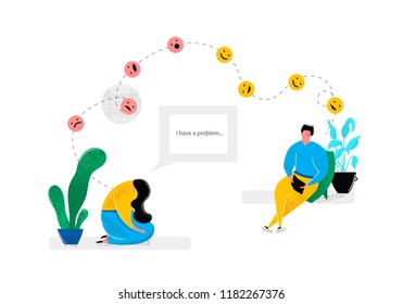 Psychologist consulting patient depressed girl sitting in sad pose. Mental health problems psychology help for people with depression stress concept. Vector illustration in flat style