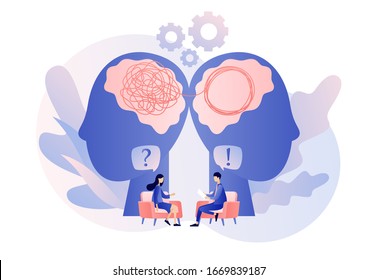 Psychologist consulting patient. Psychotherapy practice, psychological help, psychologist service, private counseling, psychology. Modern flat cartoon style. Vector illustration on white background