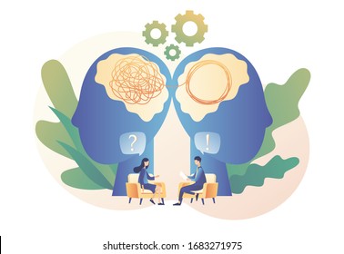 Psychologist Consulting Patient. Psychotherapy Practice, Psychological Help, Private Counseling, Psychologist Service, Psychology. Modern Flat Cartoon Style. Vector Illustration On White Background