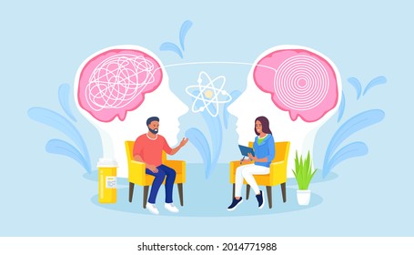 Psychologist consulting patient. Psychotherapy practice, psychological help, psychologist service, psychology therapy. Doctor treat person mentality. Problem with mind, mental health. Vector design