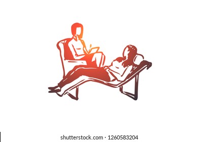 Psychologist, couch, client, therapy, problem concept. Hand drawn client at the reception of a psychologist concept sketch. Isolated vector illustration.