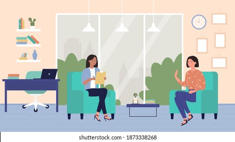 Psychologist counseling patient vector illustration. Cartoon doctor psychotherapist talking with smiling woman in office room interior on psychotherapy appointment, psychology consultation background