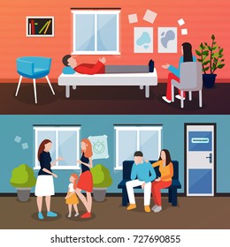 Psychologist counseling people compositions of patient and couch doctor human characters in living room interior environment vector illustration