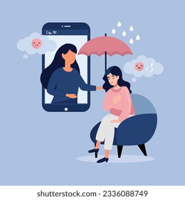 Psychologist counseling sad upset woman, holding umbrella to protect old man from rain in video call