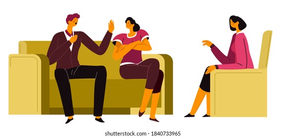 Psychologist dealing with problems of couple on counseling. Family therapy of wife and husband resolving problems in relationship. Conversation to therapist, meeting in office, vector in flat