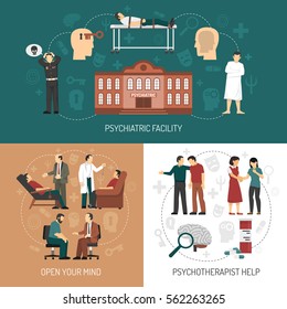 Psychologist design concept with icons representing medical help in psychiatric facility and people having therapy session with psychologist flat vector illustration