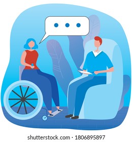 Psicoterapeuta y paciente en silla de ruedas como concepto de psicoterapia y discapacidad. Ilustración de vectores planos con sesión con psicólogo, psiquiatra o psicoterapeuta