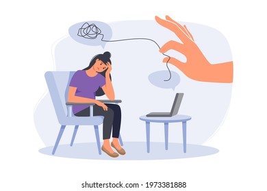 Psychologist doctor consulting patient in therapy session.. On line psychotherapy counseling concept. Mental health, depression. Human mental problem solutions. Modern flat cartoon style 