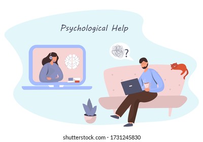 Psychologist Doctor Helps Online Patient To Unravel Tangled Thoughts And Family Problems.Online Psychological Help.Psychotherapist Counseling Online.Patient Disorder.Flat Vector Illustration
