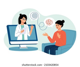 Psychologist doctor online consultation. Psychotherapy practice, psychological help, psychiatrist consulting patient. Psychology. Trendy flat cartoon style. Vector illustration on white background