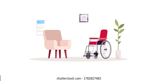 Psychologist empty office semi flat RGB color vector illustration. Armchair in interior. Rehabilitation for handicapped. Office furniture and wheelchair isolated cartoon objects on white background