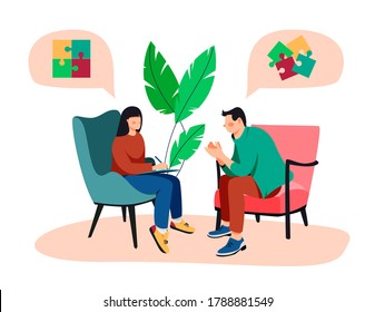 The psychologist encourages the patient. A woman doctor is conducting a psychoanalysis session. Sad and depressed man at the psychotherapist.