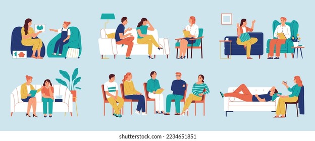 Psychologist flat color set of doctors providing psychological care to people with mental disorders isolated vector illustration illustration