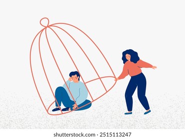 Psychologist frees man from cage. Healing anxiety, depression, addiction by accepting reality. PTSD therapy and psychiatric help for males. Open mind and self-awareness concept. Vector illustration