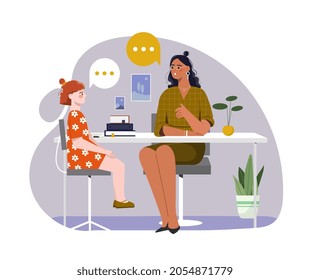 Psychologist with girl. Working with children, training, master class. Adult listens to teenager, story about problems, communication. Cartoon flat vector illustration isolated on white background