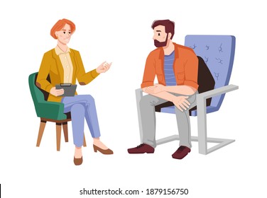 Psychologist gives advice to man patient in armchair isolated flat cartoon people. Vector female psychiatrist on psychotherapy session with bearded guy. Conversation on mental problems with couch