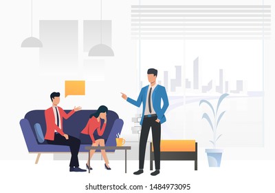 Psychologist giving advice to husband and wife vector illustration. Divorce, communication difficulty, family psychotherapist. Family therapy. Can be used for webpages, slides and leaflets