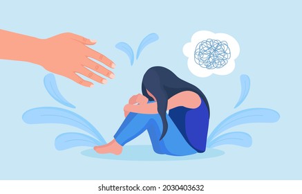 Psychologist hand helps sad woman to get rid of depression. Unhappy girl crying, covering her face, hugs her knees. Lonely person needs support, care because of sorrow, anxiety, stress. Mental health