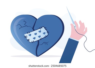 Psychologist hand uses needle for sew up torn heart. Help in rebuilding relationships. Broken and cracked heart with sewn patch, settlement of family conflict. Couple reconciles, restore love. vector