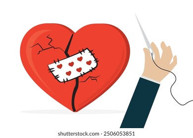 Psychologist hand uses needle and thread for sew up torn heart. Help in rebuilding relationships. Red broken heart with sewn patch, settlement of family conflict. Couple reconciles, restore love.