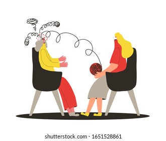 Psychologist having session with her patient. Female  character talking woman with some mental issues. Woman try to untangle ball of thread in her mind with therapist. Vector flat illustration.