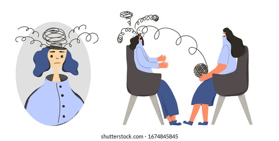 Psychologist having session with her patient. Counseling therapy. Female character with some mental issues. Psychotherapy concept. Woman talking to therapist. Vector flat illustration.