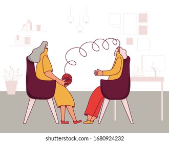 Psychologist having session with her patient. Female  character talking woman with some mental issues. Woman try to untangle ball of thread in her mind with  therapist. Vector illustration.