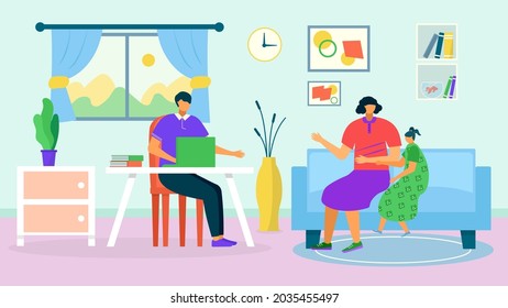 El psicólogo ayuda al niño en la oficina, ilustración vectorial. Consulta de psicología para niño, personaje de mujer madre, hija hablando con doctor.