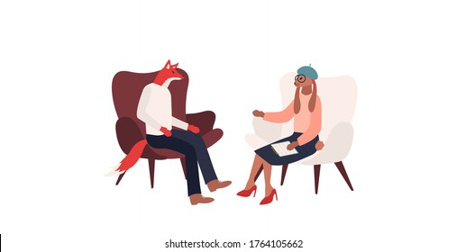 The psychologist helps the patient background. Modern illustration slider site page. The hare psychiatrist tries to help his patient with his problems concept. Vector design image.