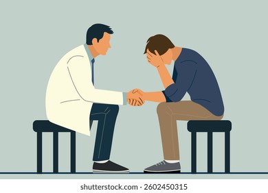 psychologist holding hand of young man patient, mental health care support, consult of depression sad anxiety , social bully , broken relationship