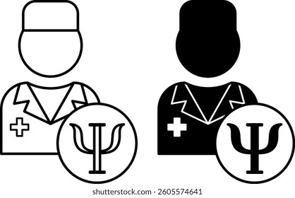 Psychologist Icons. Black and White Vector Illustrations. Doctor Who Will Study The Inner World Of A Person. Mental Health. Medicine Concept