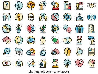 Psychologist icons set. Outline set of psychologist vector icons thin line color flat on white