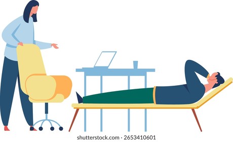 Psicólogo convidando um paciente a relaxar no sofá durante uma sessão de terapia, criando um ambiente confortável no escritório para comunicação aberta e apoio emocional