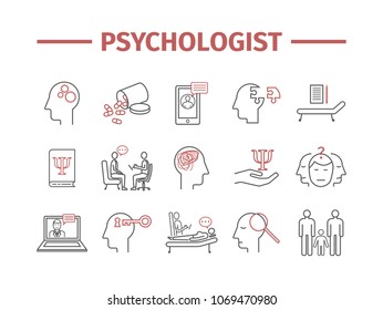 Psychologist Line Icons Set. Conceptual Infographics. Counseling Psychology. Vector Sign For Web Graphics.