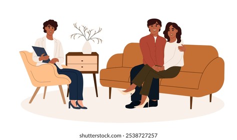 Psicólogo ouvindo casal na sessão de terapia mental. Um jovem casal feliz passando por psicoterapia com um psicólogo. O casal renova seu casamento. Ilustração vetorial em estilo plano